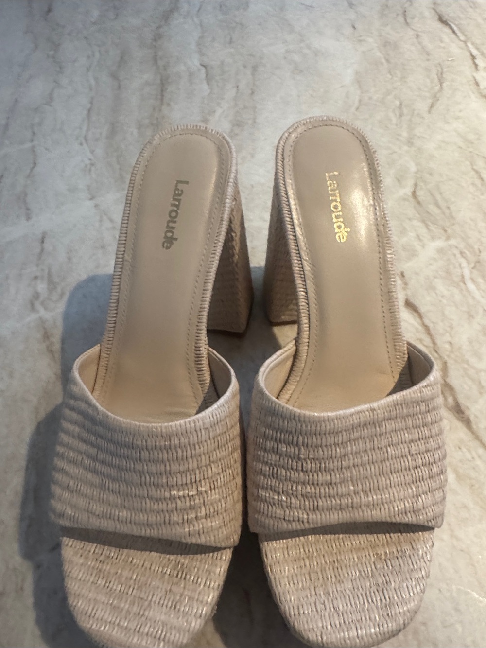 Larroude Beige Woven Slide Mules